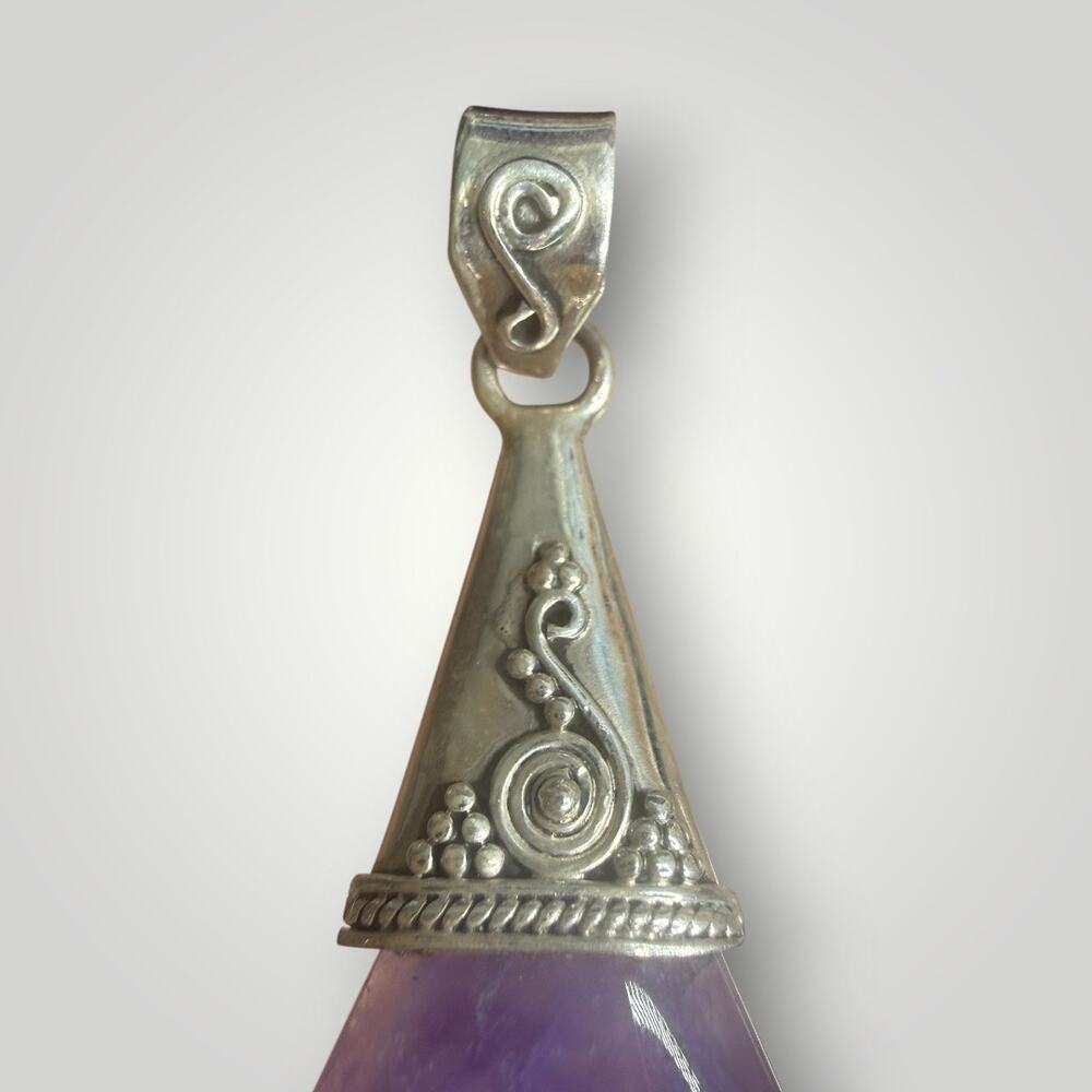 Vintage Sterling Silver 925 Amethyst Quartz Pendant Boho Artisan Purple Stone - Picture 5 of 9